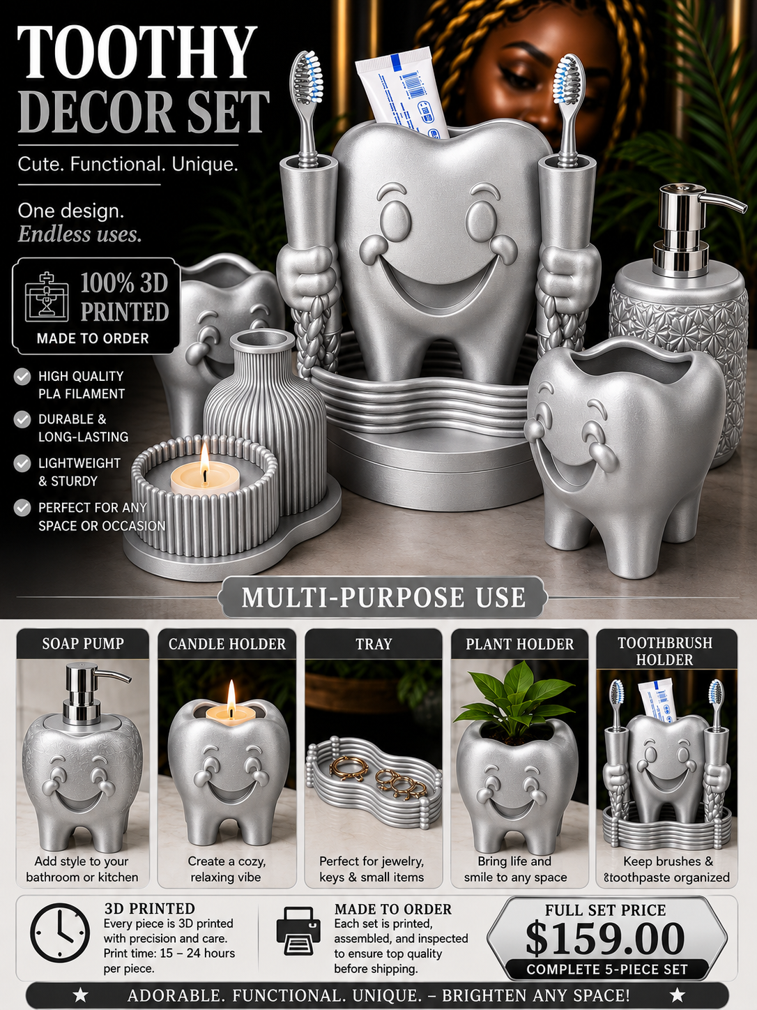 Toothy Multi-Purpose Bathroom Décor Set – 3D Printed