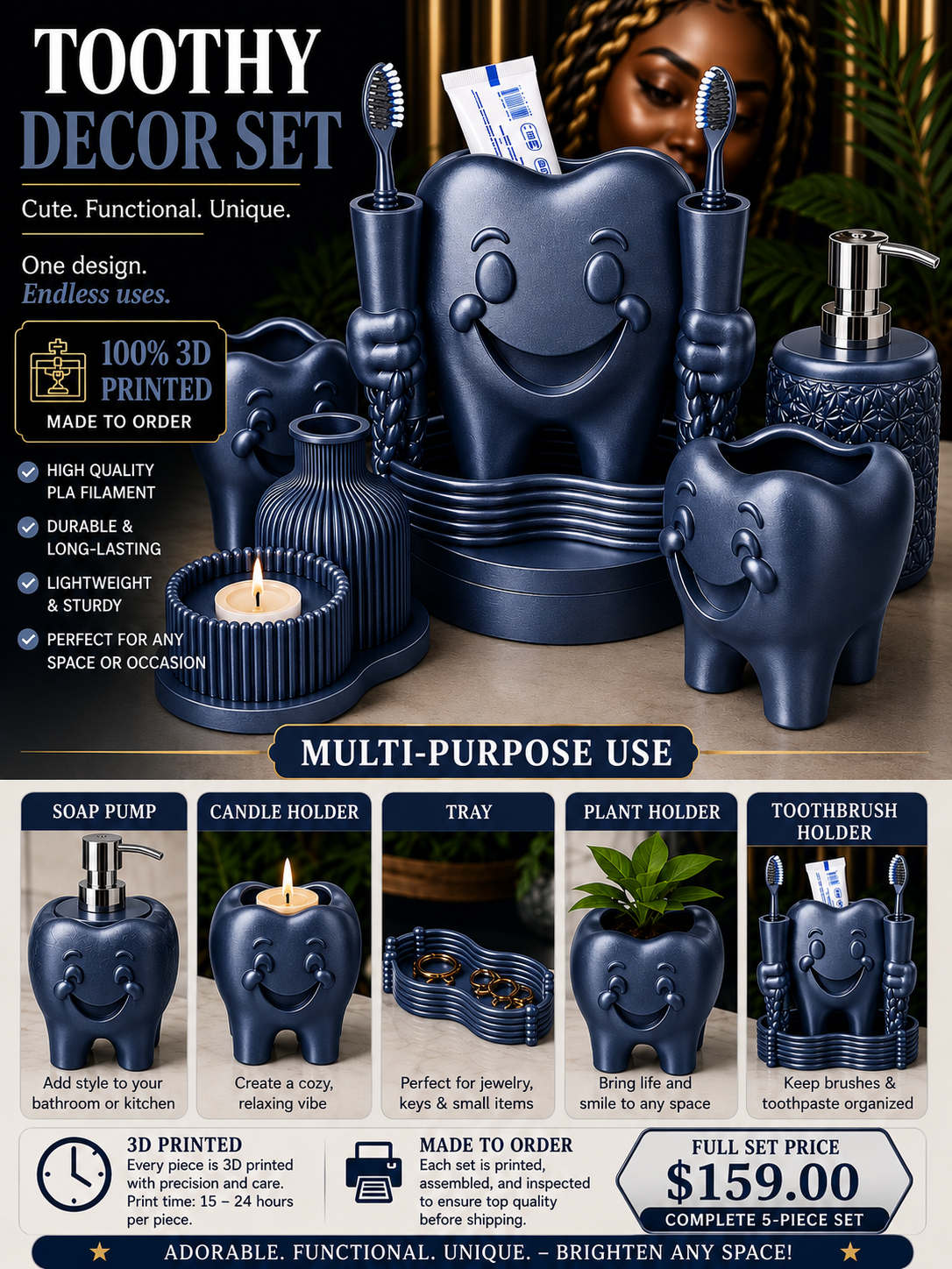 Toothy Multi-Purpose Bathroom Décor Set – 3D Printed