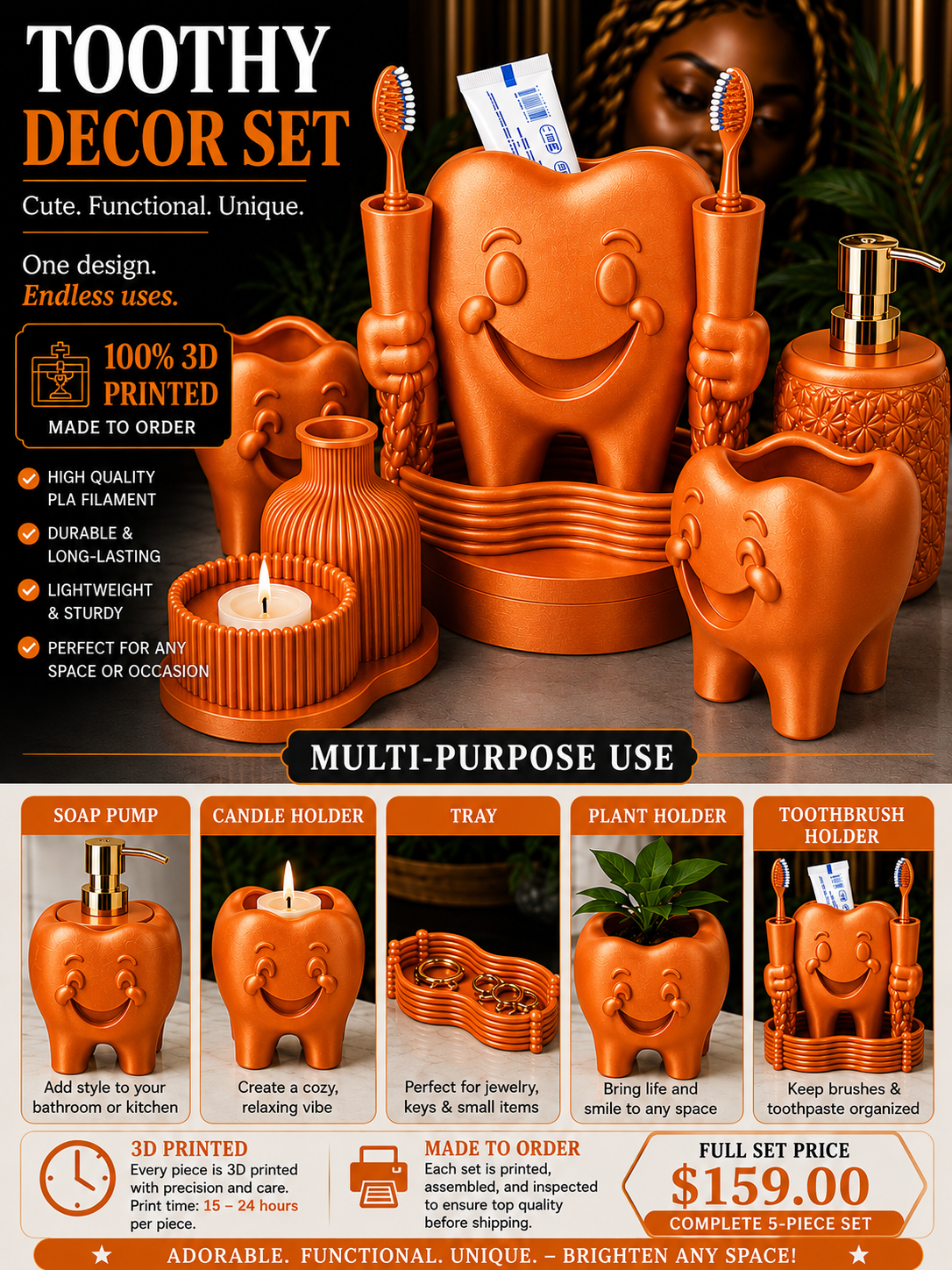 Toothy Multi-Purpose Bathroom Décor Set – 3D Printed