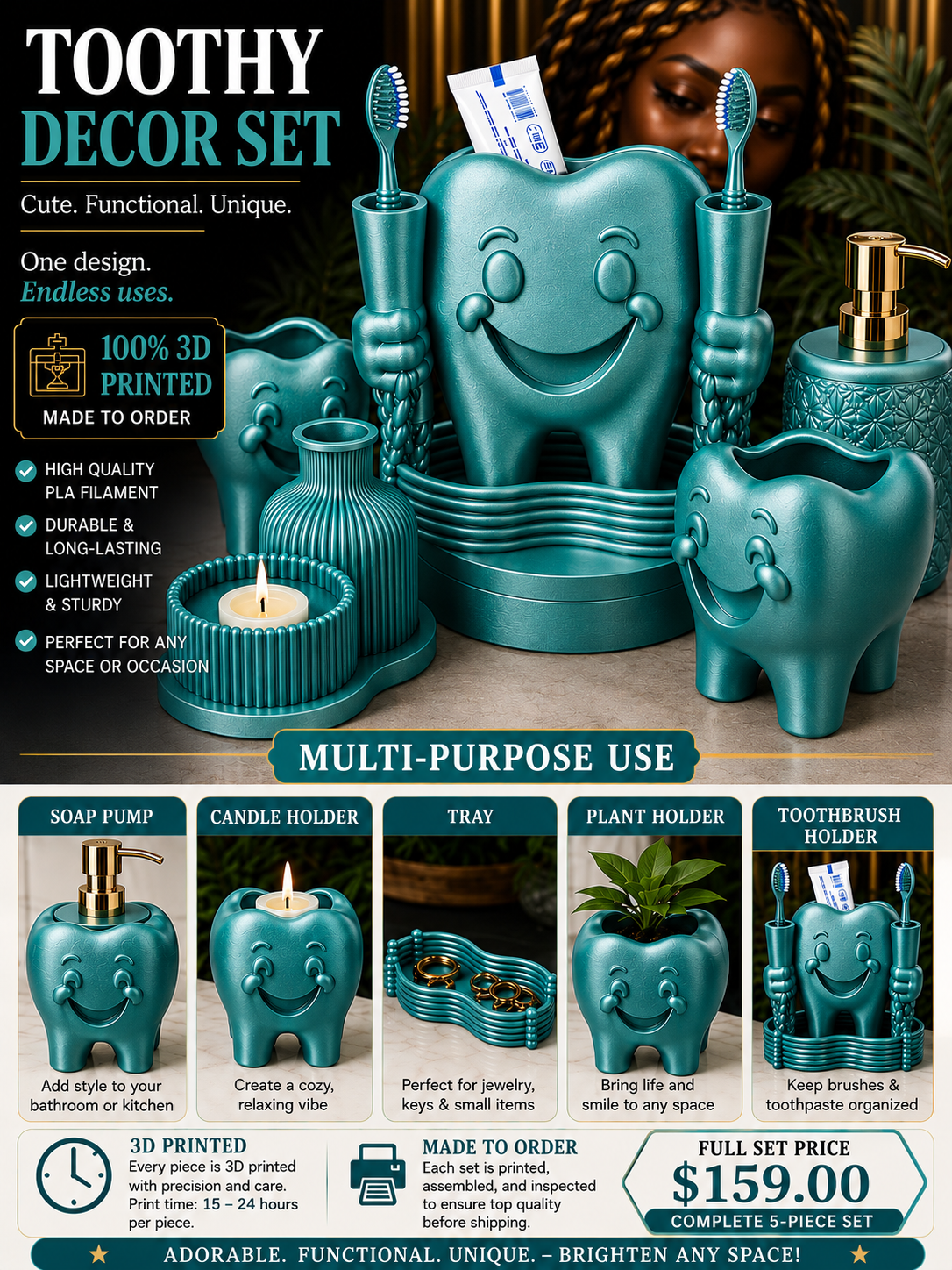 Toothy Multi-Purpose Bathroom Décor Set – 3D Printed