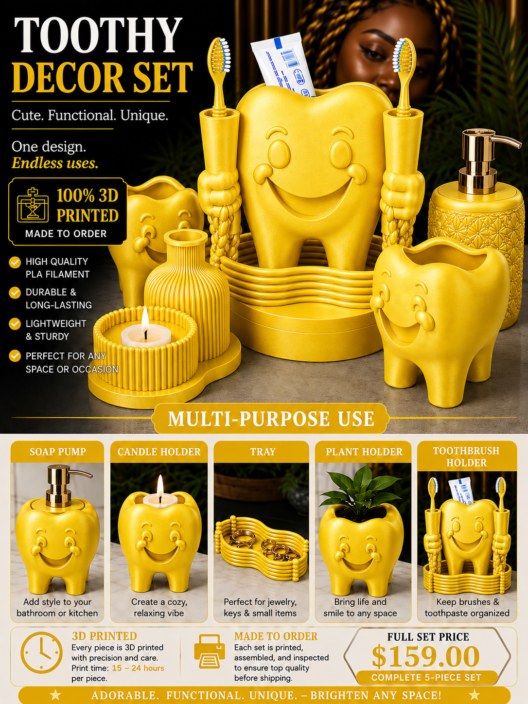 Toothy Multi-Purpose Bathroom Décor Set – 3D Printed