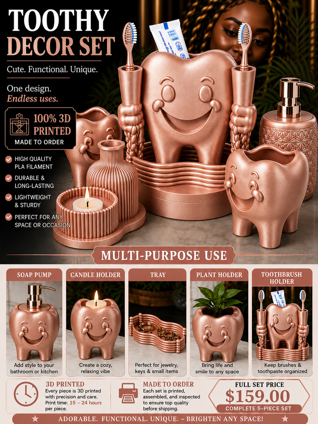 Toothy Multi-Purpose Bathroom Décor Set – 3D Printed