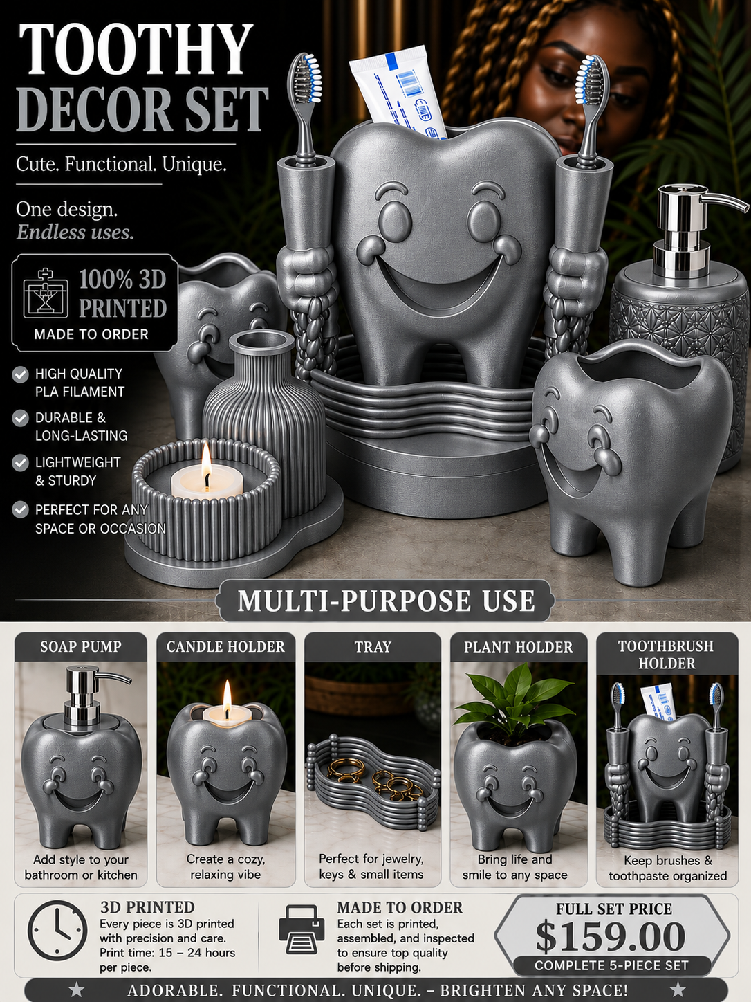 Toothy Multi-Purpose Bathroom Décor Set – 3D Printed