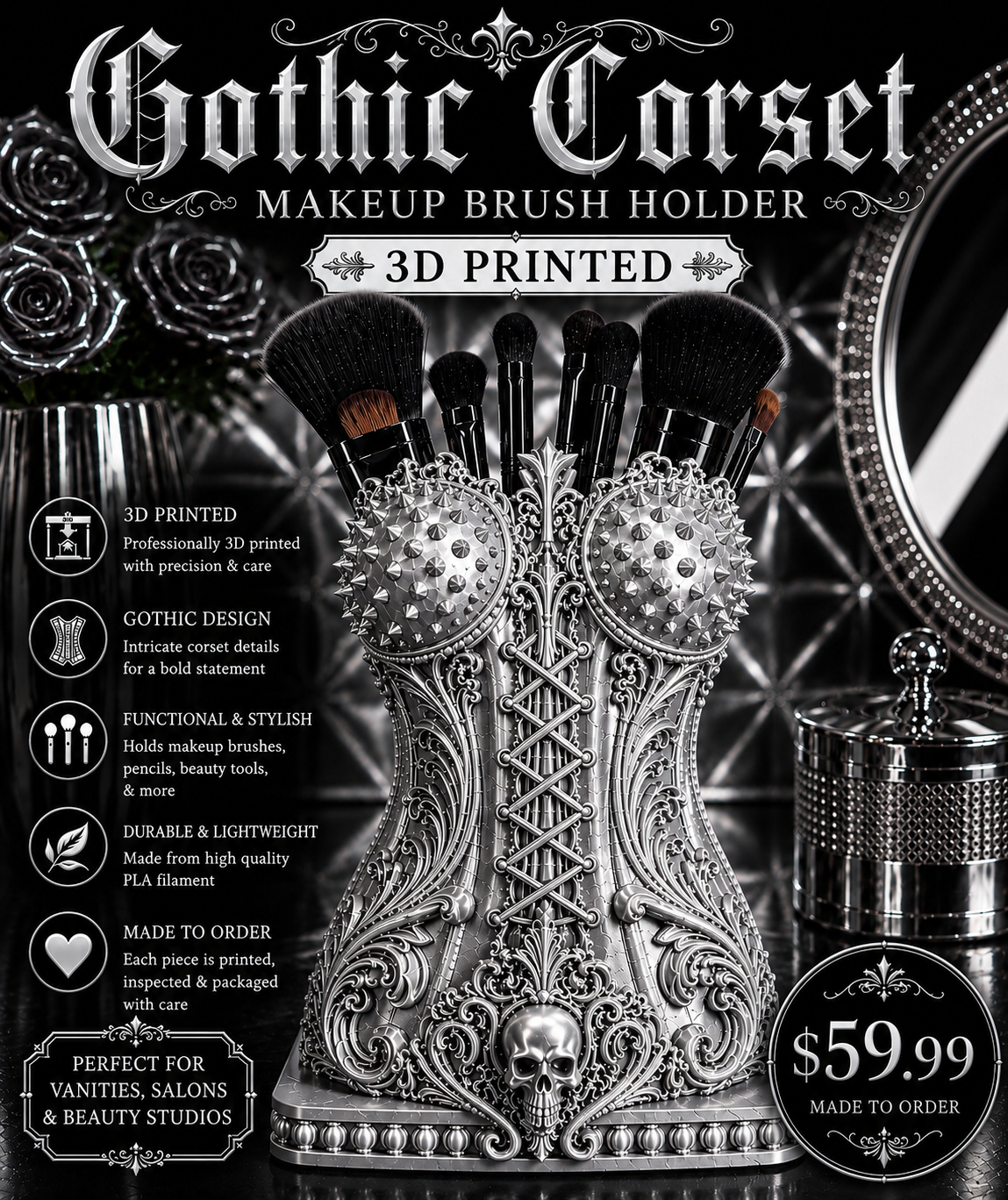 Gothic Corset Makeup Brush Holder – 3D Printed