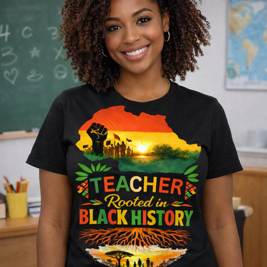 Black History Month Teacher T-Shirt: "Rooted in History" Professional & entrepreneur. Email us your size and color of shirt size price will change depending on your size 
•