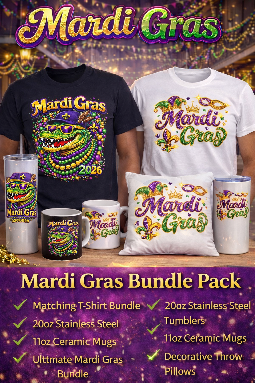 Mardi Gras Bundle  Pack of 4 (shirt, ,Tumbler,cup, and pillow)
