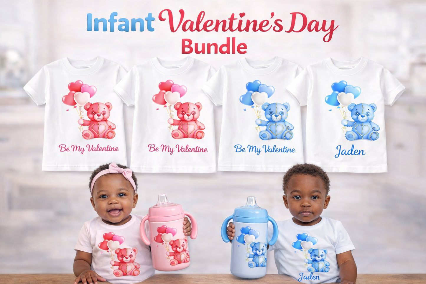 Infant Valentine Day Bundle. 1.Bear Image, 2.HappyValentines Day & 3.child’s name ;(email)& Bear Image 12oz glass baby bottle